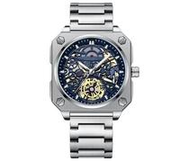 RORIOS Mechanische Automatik Armbanduhr für Herren - Minimalistisch Skelett Uhr Mit Edelstahl Armband - Freizeit Mode für Männer Weiß Blau A