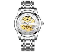 RORIOS Mode Automatik Uhr Mechanische Armbanduhren für Herren Analog Minimalistisch Uhren Leuchtend Skelett Herrenuhren mit Edelstahl Armband Silber C