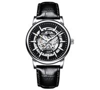 RORIOS Mode Automatik Uhr Mechanische Armbanduhren für Herren Analog Minimalistisch Uhren Leuchtend Skelett Herrenuhren mit Leder Armband Silber B