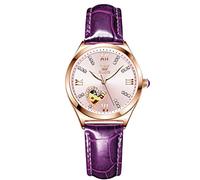 rorios Mode Damen Uhren Automatische Mechanische Uhren mit Lederband Skelett Leuchtend Damen Armbanduhren(Rosa)