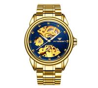 rorios Paar Mechanische Armbanduhr Damen Herren Uhren Automatik Edelstahl Uhr Minimalistisch Business Uhr Mode Skelett Uhr Blau Gold B
