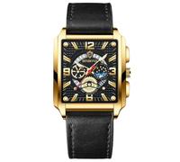 rorios Rechteckige Herrenuhren Mode Analog Quarz Armbanduhr Herren Business wasserdichte Uhren Leuchtend Leder Armband für Männer schwarzgold C