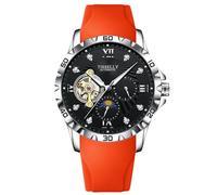 rorios Tourbillon Mechanische Armbanduhren Herren Multifunktional Uhr Mode Automatik Uhren Elegant Analog Herrenuhren mit Silikon Armband für Männer Orange