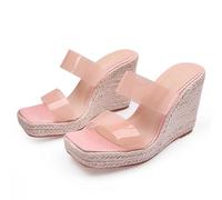 Rosa,44 EU,Damen-Sandalen mit offenem Zehenbereich und Plateau-Keilabsatz, Espadrilles zum Reinschlüpfen, Keilabsatzsandalen, Pantoletten, Elegante Pantoletten für den Sommer