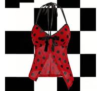 Rosa & Gelb Kontrast Polka Dot Schmetterling Satin Mesh Halbtransparent Y2K Neckholder Tanktop für Frauen, Lässige Streetwear, Geeignet für Frühling/S