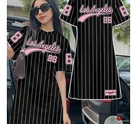 Rosa gestreiftes Midi-Kleid im lässigen Stil, sportlicher College-Stil, Grafik mit Nummer 86, geeignet für Sommeroutfits, bequem, Herbstlagen für Teen