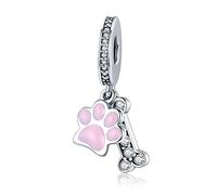 Rosa Hund Pfote Print Charms mit Knochen Anhänger Sterling Silber Haustier Bead für Pandora Charms Armband Halskette für Frauen