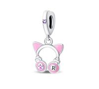 Rosa Katze Kopfhörer Anhänger Charm, 925 Sterling Silber Charm Armband Zubehör, kompatibel mit Pandora Armband Halskette, Geschenk für Frauen