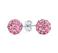 Rosa Licht Pave Kristall Disco Ball Ohrstecker Für Frauen Teenager Runde Einfaches Basisdesign .925 Sterlingsilber 8MM Größe