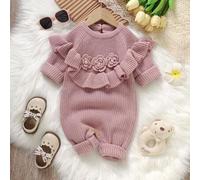 Rosa Romper mit Rüschen und Blumendekor für Kleinkinder, süßer Jumpsuit im Prinzessinnenstil, Babypullover-Strampler, Baby-Mädchen-Strick-Strampler, B