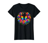 Rose Butterfly Heart Rainbow Colorful Flower Floral Preisgünstiges Grafik-T-Shirt, Damen, Schwarz, L