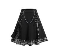 ROSE GAL Damen-Rock, Übergröße, Mini-Rock, A-Linie, Gothic-Rock, lässig, einfarbig, Kettendetail, hohe Taille, kurze Nähte, kariert, plissiert, Schwarz, 5X
