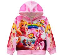 (Rose Red,4-5 Years)Princess Peach Super Mario Bros 3D Print Kids Zip Hoodie Jacket Girls Long Sleeve Hooded Sweatshirt Christmas Gift