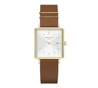 Rosefield Boxy Cognac Damen Armbanduhr aus Messing und Leder in der Farbe Gold-Braun 26mm x 28mm, Wasserdichtigkeit: 3Bar, QSCG-Q029