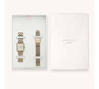 Rosefield Geschenkset The Boxy Armbanduhr Weißes Ziffernblatt Strahlenmuster Gold mit 2 Armbändern in Gold - BMWMG-X240