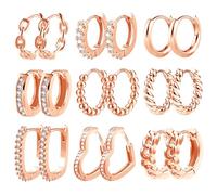 Roségold Creolen Kleine Ohrringe Set Damen, ALEXCRAFT 9 Paar Multipack Roségold Ohrringe Kleine Creolen für Mehrere Ohrlöcher, Eckig Herz Knorpel Huggie Kreolen Piercing Ohrringen Set