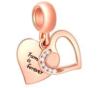 Rosegold Doppel Herzen gedruckte Familie ist für immer Charms Dangle, passen Pandora Muttertag Armband, 925 Sterling Silber Family is Forever Anhänger Perlen, Geschenk für Pate/ersten Valentinstag
