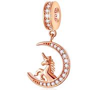 Rosegold Einhorn Charms auf Mond Anhänger Charm fit Pandora Weihnachten Armband, 925 Sterling Silber Magische Unicorn Pferd auf Halbmond Moon CZ Perlen, Geschenk für Nichte/Graduierung