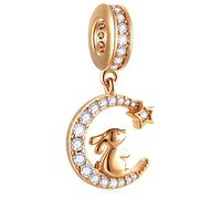 Rosegold Kaninchen sitzend auf Mondsichel Mond Charms, 925 Sterling Silber Hase Bunny Halbmond Anhänger Rabbit Moon Perlen, passt Pandora Oster Armband, Geschenke für Schwester/Freunde