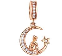 Rosegold Mädchen sitzen auf Halbmond Mond Anhänger Charms, passen Pandora Weihnachten Armband, 925 Sterling Silber Girl on Moon CZ Mondsichel Perlen, Geschenke für Schwester/Tochter/Freund