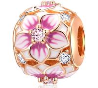 Rosegold Magnolie Blumen Charms passen Pandora Valentinstag Armband, 925 Sterling Silber Magnolia Flower Pale Cerise Emaille CZ Perlen, Geschenke für Tochter/beste Mama/Erste Muttertag
