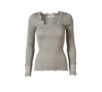 Langarmshirt ROSEMUNDE "Benita Silk Blouse", Damen, Gr. L, grau (light grau melange), Rippware, Obermaterial: 70% Seide, 30% Baumwolle, meliert, feminin, schmal, tiefer Rundhals, Langarm Spitzenkante,