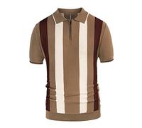 Rosennie Basic Shirt Herren Hawaii Hemd Männer Langarm Compression Shirt Reverskragen Gestreifter Druck Waffel Poloshirts Kurzarm Halbe Reißverschluss Slim Fit Golf Shirts Unterhemd Herren (Braun, L)