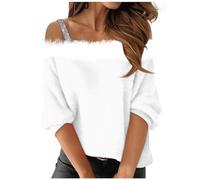 Rosennie Bluse Damen Elegant Feuerwehr T-Shirt Damen Oberteile Sommer Einfarbiges Kunstfell Off Shoulder Tunika Tops Glitzer Spaghetti Blusen Elegant Longshirt Cardigan Damen (Weiß, L)