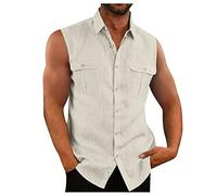 Rosennie Herren T Shirt Hemd Kariert Herren Sport Herren Revers Einfarbiges Knopfleiste Tank Top Ärmellos Baumwoll Leinen Sommerhemd Mit Brusttasche Basic T Shirt Laufshirt Herren (Beige 3XL)