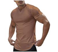Rosennie Slim Fit T-Shirt Herren Hemd Ohne Kragen Herren Funktionsshirt V-Ausschnitt Einfarbiges Muskelshirts Kurzarm Slim Fit Gym T Shirt Regular Fit Long Shirt Compression Shirt (Braun, XXL)