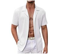 Rosennie Sportshirt Herren Kurzarm Herren Hemd Bügelfrei Poloshirt Schwarz Reverskragen Einfarbiges Fischgrätmuster Knopfleiste Sommerhemd Locker Leicht Kurzarm Hawaiihemd Weißes Shirt (Weiß, L)