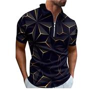 Rosennie T-Shirt Schwarz Hemd Ohne Kragen Herren Hemd Weiß Reverskragen 3D Druck Halbe Reißverschluss Golf Shirt Slim Fit Sommer T Shirt Herren Hemd (Gold, 3XL)