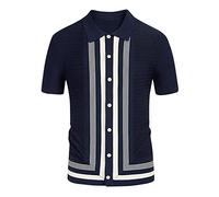 Rosennie T-Shirts Für Herren Hemden Herren Langarm Poloshirt Reverskragen Gestreifter Druck Knopfleiste Golf Shirt Slim Fit Hahnentritt Business Shirt Tshirt Weiss (Marine, XXL)