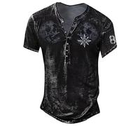 Rosennie Thermo Shirt Herren Hawaii Hemd Männer Langarm Herren T-Shirt V-Ausschnitt Knopfleiste Totenkopf Druck Henley Shirt Kurzarm Klassischer Passform Tactical Shirts Cowboy Hemd (Schwarz, L)
