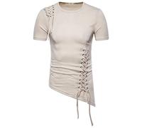 Rosennie Tshirt Herren Weiss Hemd Herren Regular Fit Leinenhemd Herren Rundhals Einfarbiges Unregelmäßiger Saum Trachtenhemd Tunnelzug Mittelalter Hemd Langarmshirt Herren (Khaki, XXL)