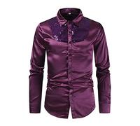 Rosennie Weiße Tshirts Herren Hawaii Hemd Männer Baumwolle Herren Poloshirts Reverskragen Pailletten Knopfleiste Langarmshirt Slim Fit Glitzer Hemd Party Tops Performance Hemd Poloshirt (Lila, L)