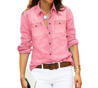 Roskiky Damen Bluse - Jeanshemd, Tunika, Langarm, Elegant, Edle Oberteile - Pinkes Party Hemd, Oversized Aurora Rosa L