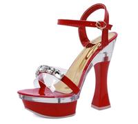 Rot,40 EU,Damen-Sandalen mit Strasssteinen, Peep-Toe, offener Zehenbereich, Knöchelriemen, Blockabsatz, klobige Plateau-Absätze, Hochzeits- und Brautparty-Abendschuhe