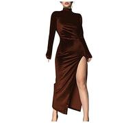 rot Kleid Damen Pullover Weihnachten Damen Samt Split Rollkragen Midi Kleid Vintage Slim Fit Langarm Kleid Winter Party Einfarbig Samtkleid (Braun ， L)