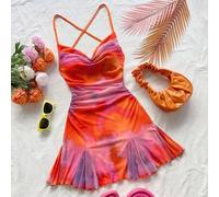 Rot-Orange Sommer 70er Clubnacht Party Disco Batik Bindebänder offener Rücken Schleife Saum Mini-Kleid für Frauen, Boho Strand Musikfestival Sommer Ou