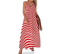 Rot-Weiß Gestreift Damen Ärmelloses Maxikleid Lang Kleid V-Ausschnitt Strandkleid Freizeitkleid