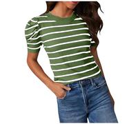 Rot Weiß Gestreiftes Tshirt Damen Casual T-Shirt Sommer Puffärmel T Shirt Passform O-Ausschnitt Bluse Baumwolle Kurze Ärmel Oberteile Leichte Basic Tee Top Bequem Laufshirt Freizeitshirt