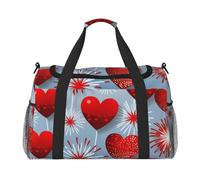 Rote Herzen, Feuerwerk-Druck, Reisetasche für Damen und Herren, faltbare Reisetasche und geräumige Wochenend-Tragetasche zur Aufbewahrung, Kulturbeutel, Gepäck, persönliche Gegenstände, Schwarz, L