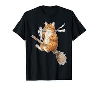 Rote Katze fliegt auf Besenstiel mit Fisch T-Shirt