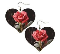 Rote Rosen und Liebe, Leder-Ohrringe für Damen, Herz-Ohrringe, leicht, baumelnd, Schmuck, Geschenke, One Size, Kein Edelstein