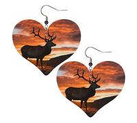 Roter Hirsch, Stier, Elch, Sonnenuntergang, Leder-Ohrringe für Damen, Herz-Ohrringe, leichte Ohrhänger, Schmuckgeschenk