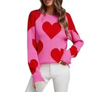 Roter Pullover Damen Winter Women's Winter Spring Valentine's Day Love Round Neck Knitted Hoodie Sweater Strickpullover Damen ang (Hot Pink, S)