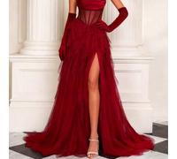 Rotes Mesh-Französisch Fischschwanz-Cocktailkleid, elegantes trägerloses Prinzessinnenkleid, charmant und sexy, geeignet für Weihnachten, Hochzeiten,
