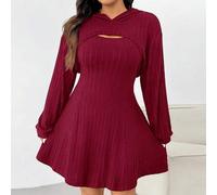 Rotes Sweatshirt-Kleid-Set in Übergröße mit grob geripptem Strickmuster, Frühherbst