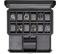 ROTHWELL 12 Slot Leder Uhrenbox mit Valet Schublade - Luxus Uhrengehäuse Display Organizer, Herren Aufbewahrungsboxen Halter Große Glasplatte (Schwarz/Grau)